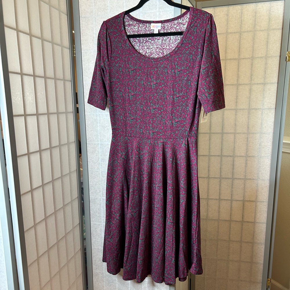 NWT LuLaRoe Nicole Elegant Purple and Blue Patterned Dress
